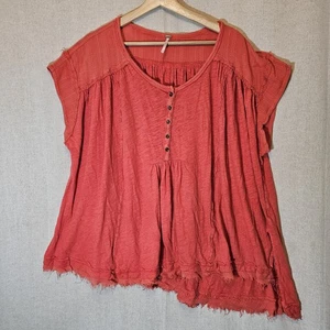 Free People Faded Red Linen Blend Raw Hem Split Side Oversized Lagenlook Medium - Picture 1 of 11