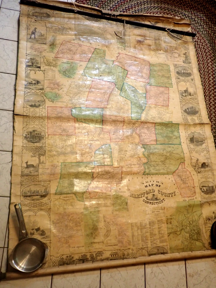 Antique  H & CT Smith 1855 Huge Wall Map Hartford County Connecticut 50" x 70" - Image 1 of 4