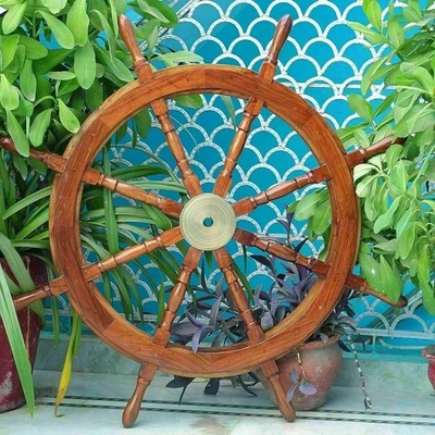 36 Inch Antique Teak Brass Nautical Pirate Ship's Big Steering Wheel Wooden Gift - Image 1 of 4