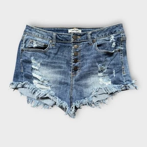 Refuge High Rise Distressed Button Fly Denim Shorts ausgefranster Saum blau Größe 10 - Bild 1 von 8