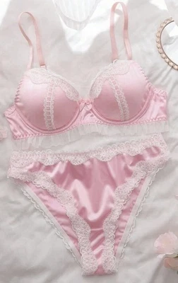 Bonito conjunto de bragas de sujetador y bikini Lolita UW rosa segunda piel satinado y encaje XL NUEVO Foto 1 de 4