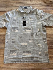 NUEVA Camisa Polo Peter Millar Crown Deportiva Para Hombre Azul Golf Estampado Periódico As L - Imagen 1 de 9