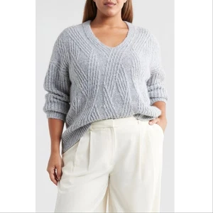 NORDSTROM Alpaka Wollmischung V-Ausschnitt Pullover Pulli Gr. 2X grau Zopfmuster NEU - Bild 1 von 9