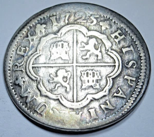 1725 Spanish Silver 2 Reales Genuine 1700's Colonial Cross Pirate Treasure Coin - Picture 1 of 2