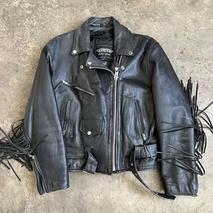 Chaqueta motera vintage mujer cuero UNIK flecos de colección  - Imagen 1 de 8