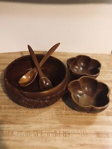 Hand Carved Wooden Salad Set With Large Salad Bowl/2 Small Bowls/Fork And Spoon