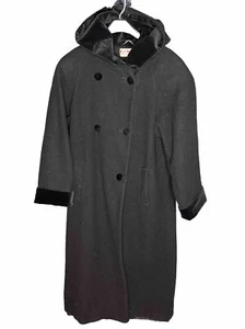 Vintage KA Internationale Cappotto Lungo Lana Nera Cappuccio Velluto Donna Taglia 8 - Foto 1 di 16