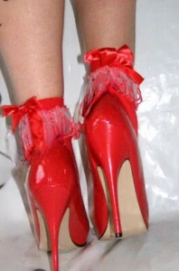 New Red Ankle Socks With A Red Satin Bow Lace Ruffle One Size By Leg Avenue - Picture 1 of 3