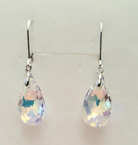 925 Sterling Silver 16mm Pear-Shaped Crystal AB Earrings Crystal From Swarovski - Picture 1 of 3