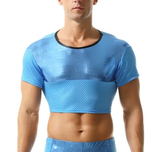 Hombres Brillante Imitación Cuero Recortado Prendas para el torso Malla Empalme Ropa de Club Manga Corta Camisetas - Imagen 1 de 56