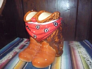 *NEW Celebrity Owned Cowboy Boots & Scarf Cookie Jar Ceramic Earthenware Holiday - Picture 1 of 2