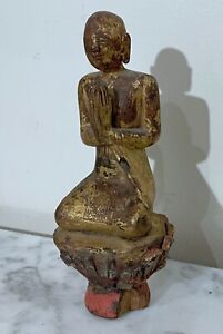 ANTIQUE 19th CENTURY BUDHIST GILT WOOD STATUE OF A PRAYING MONK -  FROM THAILAND