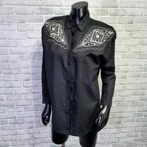 Vintage 90s Massimo Womens 6 Black Linen Blend Embellished Studded Western Shirt - Picture 1 of 7