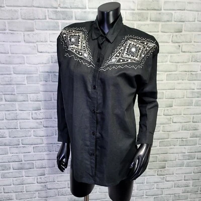 Vintage 90s Massimo Womens 6 Black Linen Blend Embellished Studded Western Shirt - Image 1 of 4