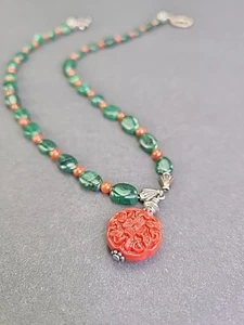 Asian Tribal Style Red And Green Gemstone Necklace With Resin Flower Pendant - Picture 1 of 12