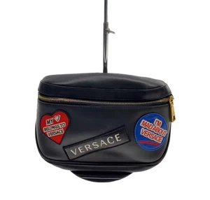 Versace Crossbody Shoulder Bag Patch Design Heart Black Leather 8.2"x6.3" Men - Picture 1 of 6