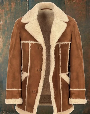 REAL 100% SHEEPSKIN SUEDE LEATHER FAUX FUR MARLBORO TRENCH Coat Jacket - Image 1 of 4