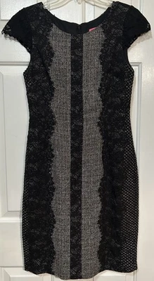 Vestido justo Betsey Johnson feminino 6 cinza preto renda tweed coquetel de férias - Imagem 1 de 4