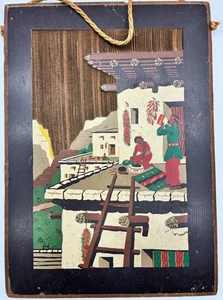 Vintage Southwest Pueblo Scene Wood Plaque Wall Art - Picture 1 of 11