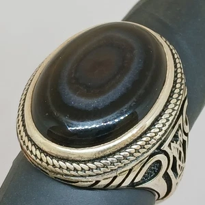 Rare Large Sterling Silver Men's Designer Ring Black Yemen Agate Aqeeq(عقيق جزع) - Picture 1 of 22