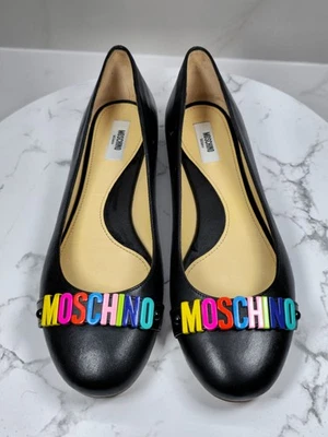 Moschino Black Leather Ballet Flats Shoes Logo Multicolor Letters Size 40 - Image 1 of 4