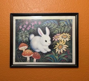 De colección K Ch Ch Enmarcado Estampado 1972 Conejito Setas Geniales Coloridas Lindas Flores - Imagen 1 de 5