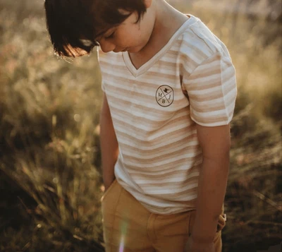 My brother John size 7 boys cream striped v-neck short sleeve shirt vintage styl - Image 1 of 4