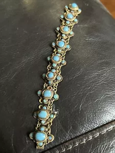 Antique Gold Tone Faux Turquoise Book Chain Bracelet 6.5” - Picture 1 of 5