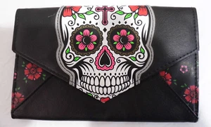Sugar Skull Day of the Dead Credit Card and Check Book Wallet Black 8"x 5" x .75 - Picture 1 of 4