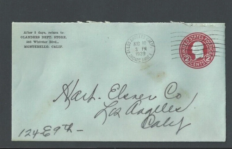 1939 Montebello CA  2c Carmine  Entire On Blue Cover - Image 1 of 1