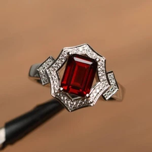 Dainty Red Garnet Ring Gemstone Emerald Cut 925 Sterling Silver Women Ring - Picture 1 of 5