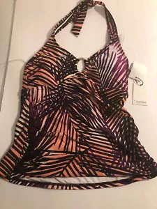 Calvin Klein Womens Sunset Palm Keyhole Halter Tankini Top (Dragon Fruit,Medium) - Picture 1 of 2