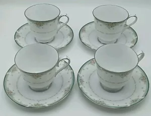 Noritake Greenbrier 4101 Teacup and Saucer Green Floral Silver Trim x4 VGC 15cm - Picture 1 of 9