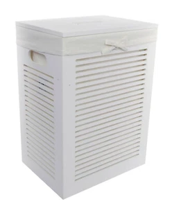 Wäschekorb Wäschtruhe MDF rechteckig weiß Bezug creme weiß 40x30 H.55 - Bild 1 von 5