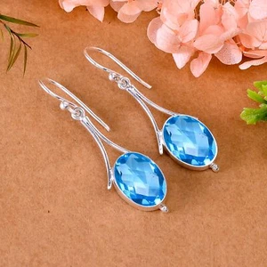 Blue Topaz Gemstone 925 Sterling Silver Jewelry Earring, Elegant Earring - Picture 1 of 4