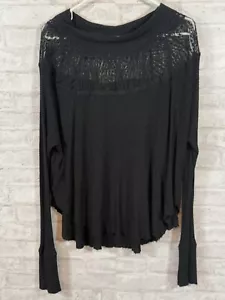 Free People Spring Valley Top Black Lace Waffle Knit Relaxed Long Sleeve Small - Picture 1 of 6