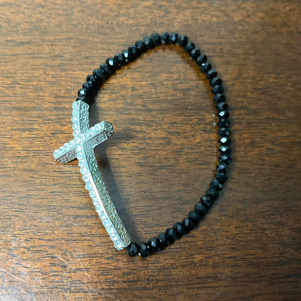 Reflective Faceted Silver Color Rhinestone Cross On Stretch Band With Black Bead - Image 1 of 1