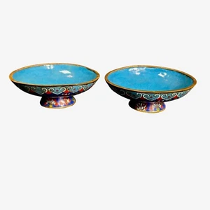 2 VtgSmall Brass Enamel Pedestal Berry Bowls Cloisonne Candle Holders Trinket - Picture 1 of 6