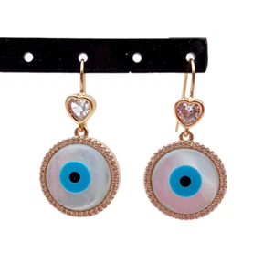 Natural White Sea Shell Evil Eye Cz Pave Coin Shape Dangle Hook Earrings Female - Picture 1 of 6
