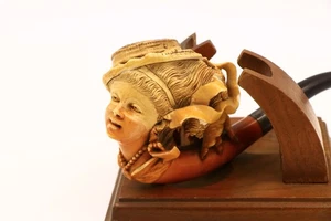 Antique Carved Meerschaum W/Sterling Pipe Victorian Woman Bust 7"x3" - Picture 1 of 11