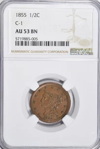 1855 BRAIDED HAIR HALF CENT ~ C-1 VARIETY ~ CHOICE ABOUT UNCIRCULATED NGC AU53! - Picture 1 of 2