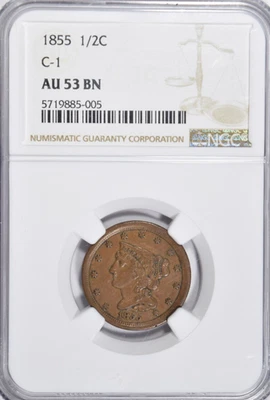 1855 BRAIDED HAIR HALF CENT ~ C-1 VARIETY ~ CHOICE ABOUT UNCIRCULATED NGC AU53! - Image 1 of 2