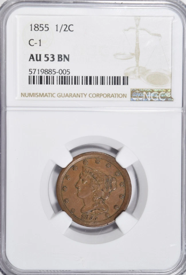 1855 BRAIDED HAIR HALF CENT ~ C-1 VARIETY ~ CHOICE ABOUT UNCIRCULATED NGC AU53! - Image 1 of 2