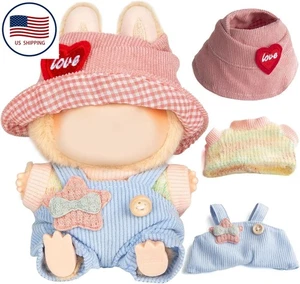 3-teiliges Set für Labubu - Mütze rosa Liebesmuster + bunter Pullover + babyblauer Strampler - Bild 1 von 15