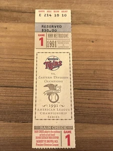 1991 ALCS FUlL TICKET - MINNESOTA TWINS V. TORONTO BLUE JAYS SPIEL 1 @ METRODOME!! - Bild 1 von 2