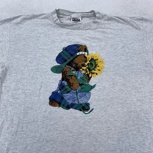 Vintage Teddy Bear Sunflower Shirt Mens L/XL Hip Hop Plaid Overalls 90s Tee - Picture 1 of 6