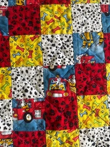 Baby Quilt Fireman Dalmatian Dog Prints Blue Satin Edging Flannel Backing 39x33” - Picture 1 of 10