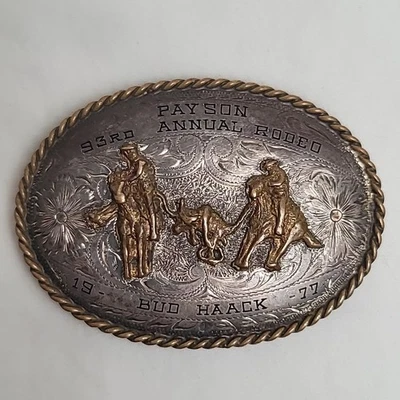 1977 Payson AZ Rodeo B-K СЕРЕБРО ВЫСШЕЙ ПРОБЫ Передняя Команда Крепление Гравированная Пряжка Ремня - Изображение 1 из 4