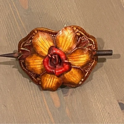 Leather Barrette w/Stick Pony Tail Cover 3D Flower Tooled Retro 70's Boho Hippie - Image 1 of 4