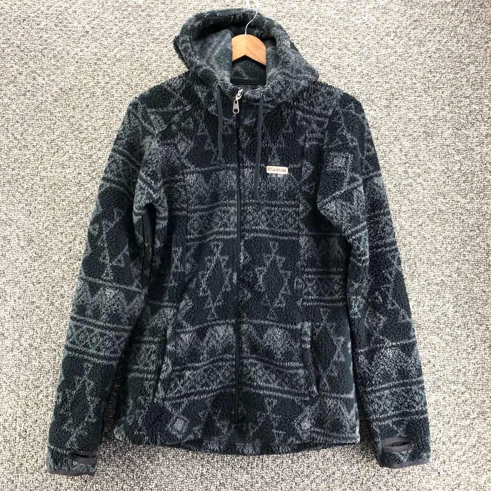 Chaqueta polar Billabong Azteca Sherpa con capucha negra gris para mujer talla L cremallera agujero para el pulgar Foto 1 de 4